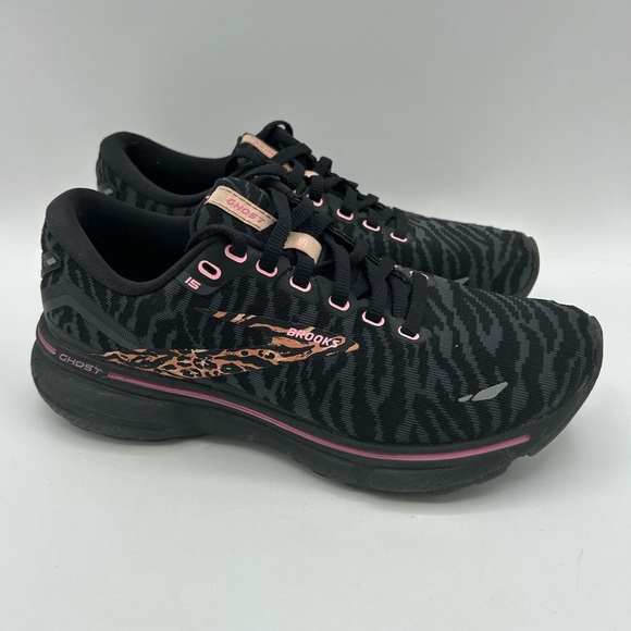 Brooks Ghost 15 Womens Size 6 Black leopard print athletic running sneaker Shoe - Picture 1 of 7